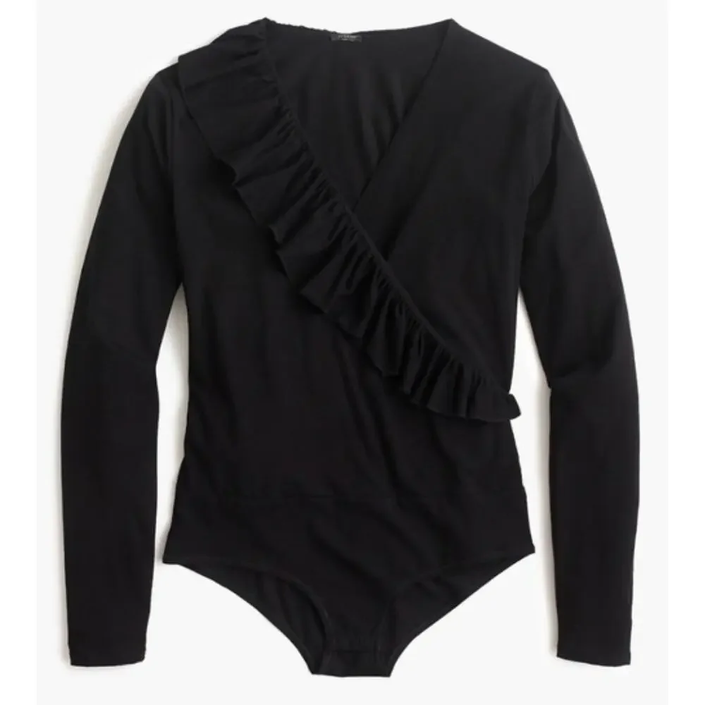 J. Crew Ruffle-Front Wrap Bodysuit Black H3685 Size S